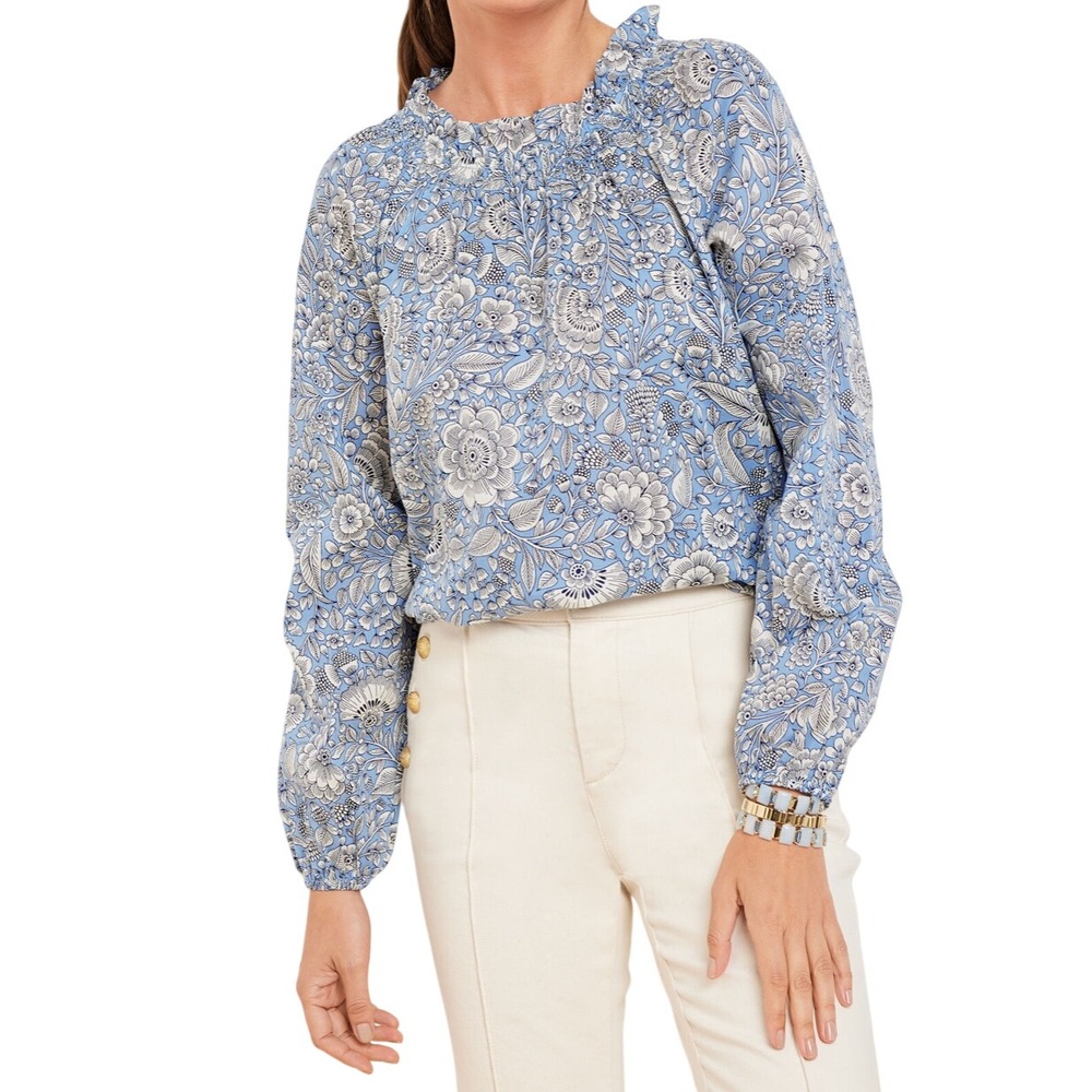 Talbots XL Blue White Floral 100% Cotton Ruffle Neck Long Sleeve Blouse